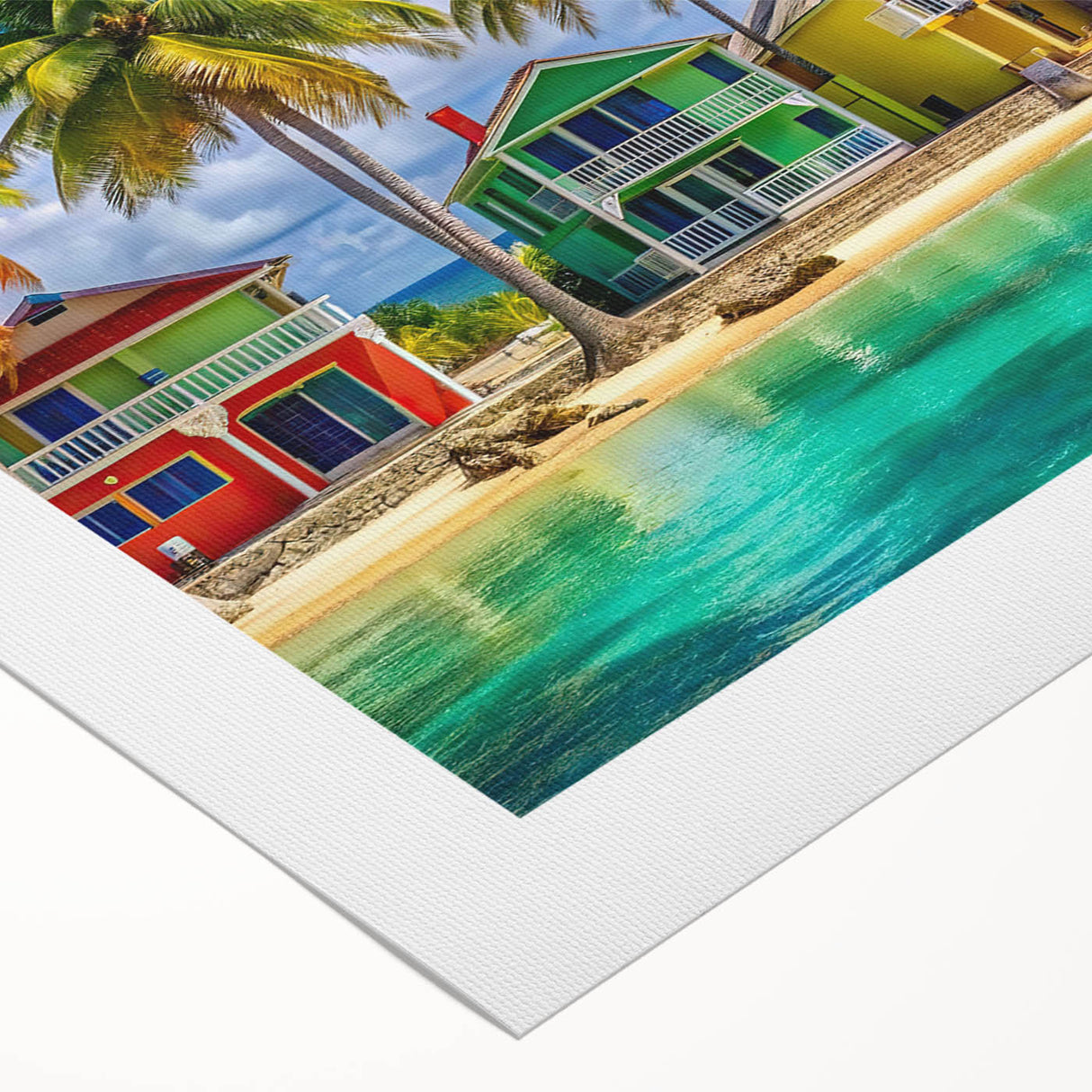 Art deco poster of a Caribbean scenery on rolled canvas, suited for dining room wall art.