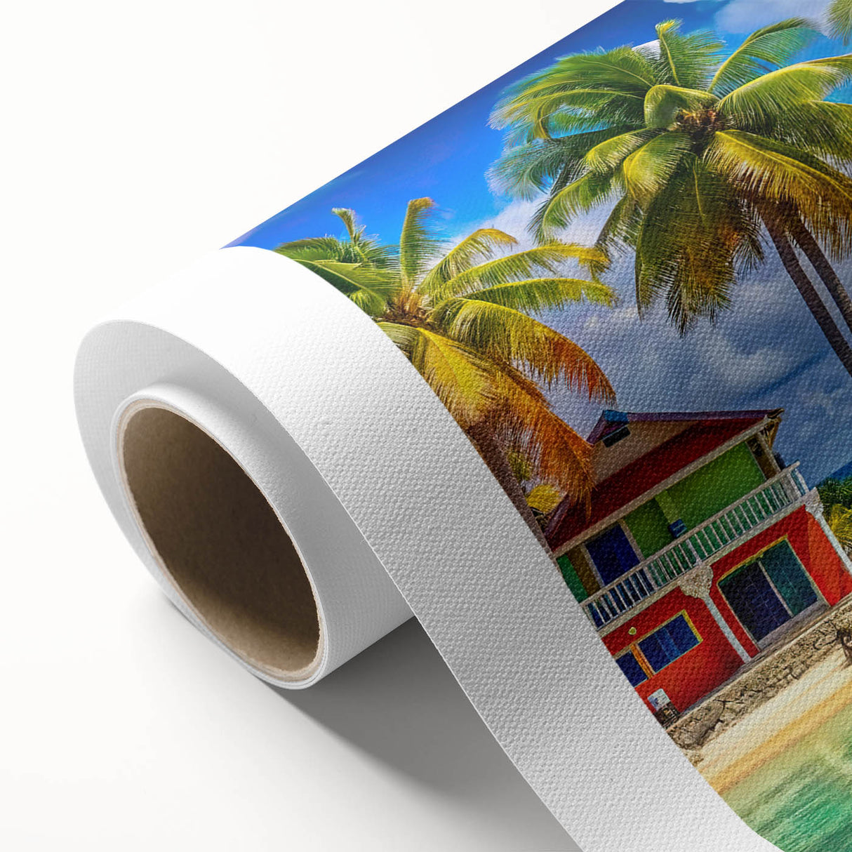 Art deco poster of a Caribbean scenery on rolled canvas, featuring pastel shades, ideal for nursery wall art.