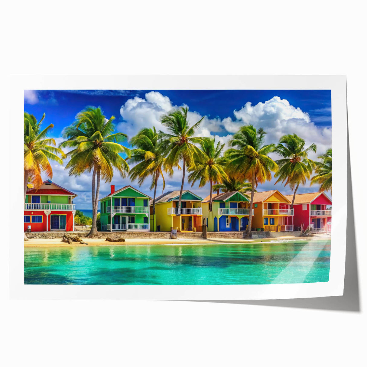 Extra large rolled print of a Caribbean scenery with vibrant blue and green tones, ideal for art wall dining room.