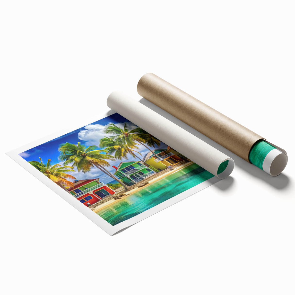 Extra large rolled print featuring a serene Caribbean scenery with vibrant floral elements.
