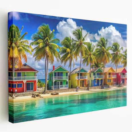Large art depicting a Caribbean beach scene on stretched canvas, featuring soft blue and sandy hues.