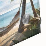 Large abstract wall art depicting a Caribbean Puerto Rico scenery in vibrant blue and green tones on acrylic glass.