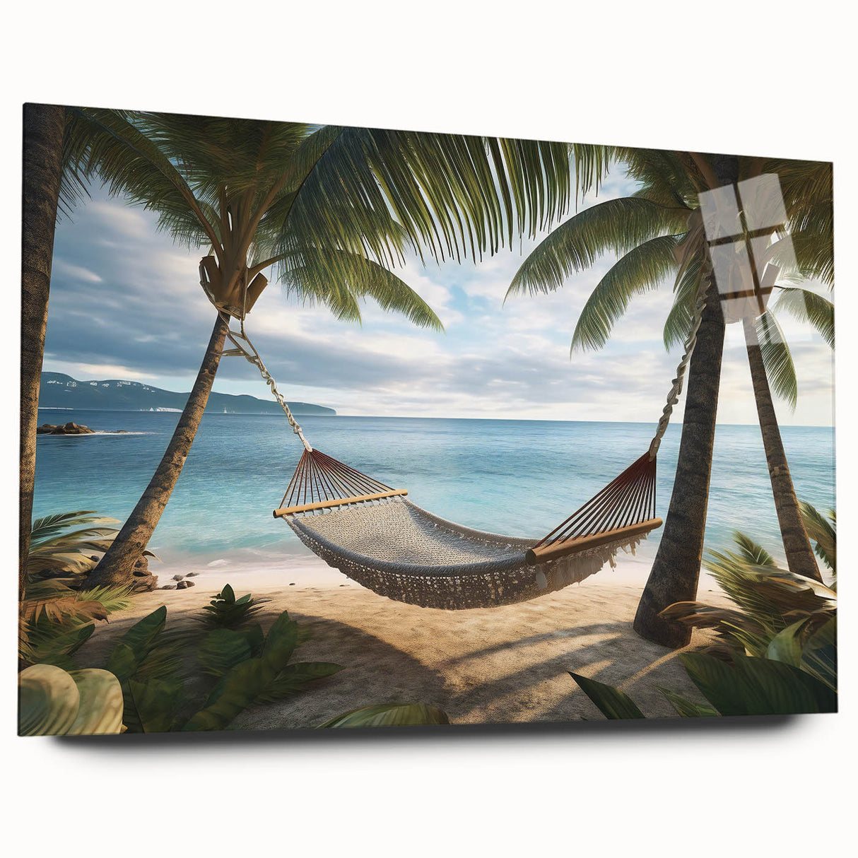 Large abstract wall art featuring vibrant Caribbean scenery on acrylic glass, ideal for bedroom or dining room decor.