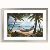 Extra large abstract art print depicting a textured Caribbean scenery in vibrant hues, framed in silver.