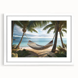 Textured abstract art print of Caribbean scenery in muted blue and green hues on a framed canvas, suitable for bedroom decor.