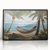 Large abstract wall art depicting a Caribbean scenery in muted blue and green tones on a framed acrylic panel.