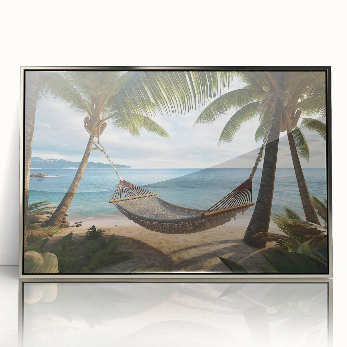 Framed acrylic print of a Caribbean Puerto Rican scenery in vibrant blue and green tones, ideal for modern art wall decor.
