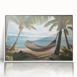 Mid-century modernist art depicting a serene Caribbean scenery in pastel shades, framed acrylic, ideal for nursery wall art.