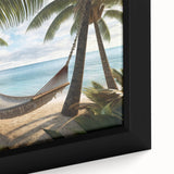 Black wall art featuring a textured, colorful Caribbean scene on a framed canvas, ideal for living room decor.