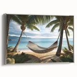 Framed canvas featuring a vintage-style landscape art painting of a Puerto Rican beach with colorful art elements and a…