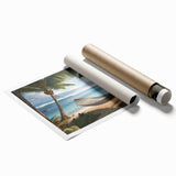 Extra large rolled print of a Puerto Rican coastal scene with vibrant floral elements, ideal for classy bathroom wall art.