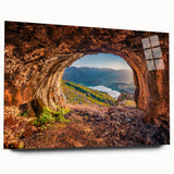 Large abstract acrylic print of a European landscape in muted earth tones, ideal for bedroom or dining room art.