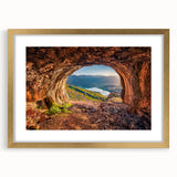 Abstract art print of a European scenery in muted earth tones, framed in gold, suitable for dining room decor.