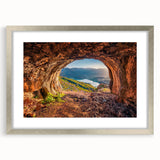 Extra large abstract art print of a European scenery in muted earth tones, framed in silver, ideal for living room decor.