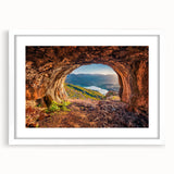 Textured abstract art print of a European scenery in muted earth tones, framed with a white mat.