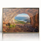Art deco poster of an Albanian landscape in gold frame, acrylic print, suitable for modern art wall decor.