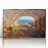 Large art print of a European Albanian landscape in silver-framed acrylic, featuring mid-century modernist style.