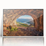 Mid-century modernist art depicting a serene Albanian landscape on a framed acrylic, featuring soft pastel shades.