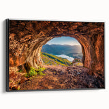 Black and white landscape painting of Albanian scenery on framed canvas, suitable for bedroom decor.