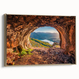 Framed canvas featuring a vintage-style landscape painting of an Albanian scenery in muted earth tones.