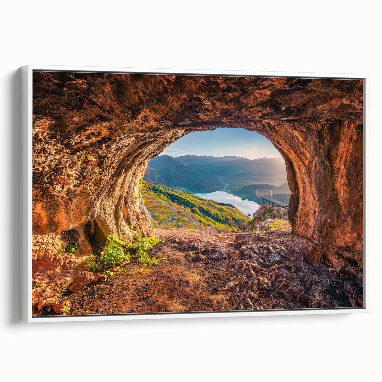 Vintage poster art of an Albanian landscape on a framed canvas, featuring colorful art in a large format.