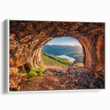 Vintage poster art of an Albanian landscape on a framed canvas, featuring colorful art in a large format.