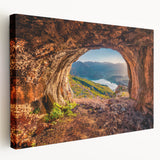 Landscape painting of an Albanian countryside on stretched canvas, featuring muted earth tones, ideal for kitchen wall art.