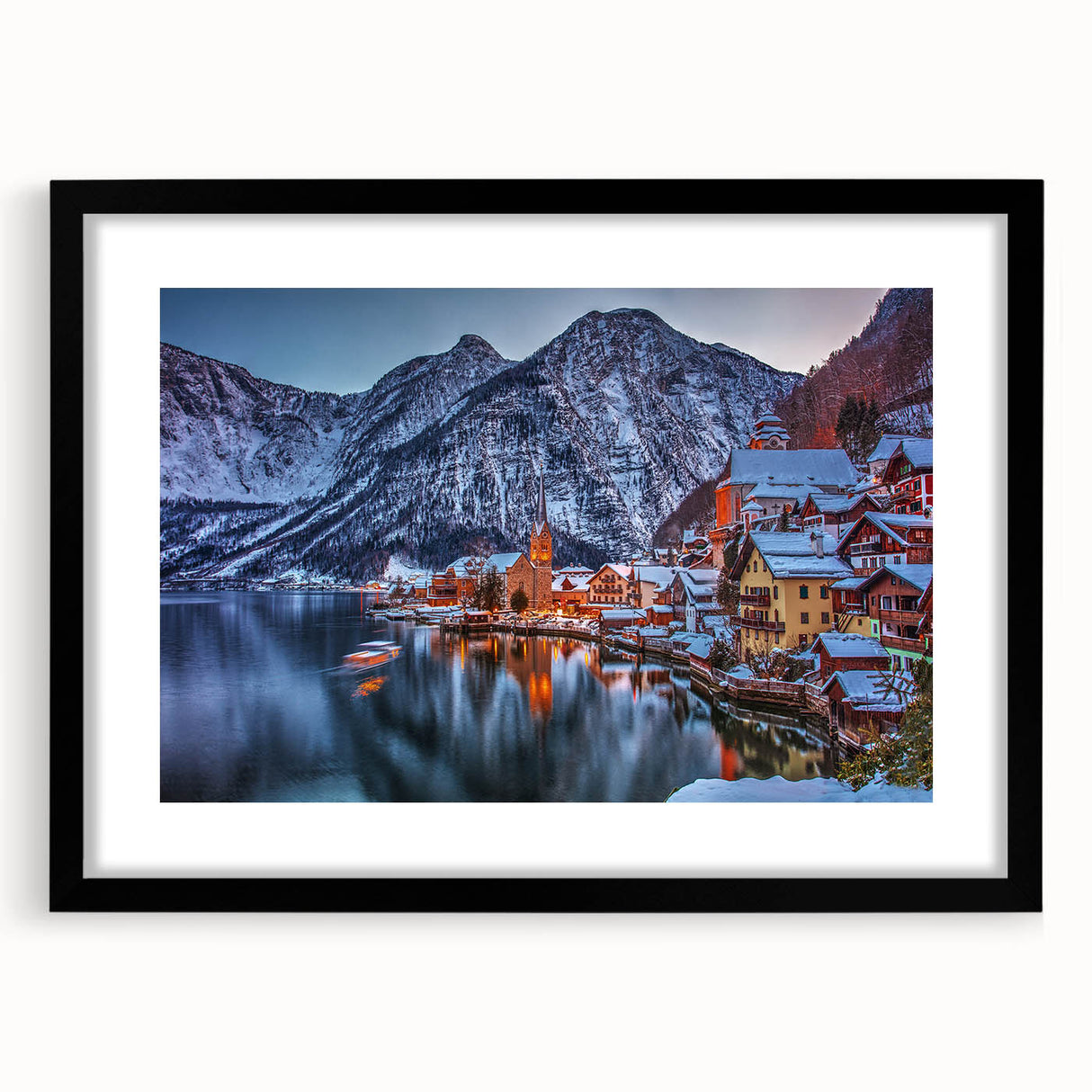 Extra large abstract art print of vibrant, colorful Austrian scenery on textured canvas, framed in black.