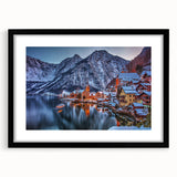 Extra large abstract art print of vibrant, colorful Austrian scenery on textured canvas, framed in black.