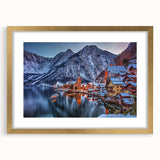 Abstract art print of a European landscape in muted gold and green tones on a framed canvas, suitable for dining room decor.