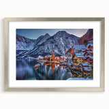 Extra large abstract art print depicting European scenery in textured shades of blue and green, framed in silver.