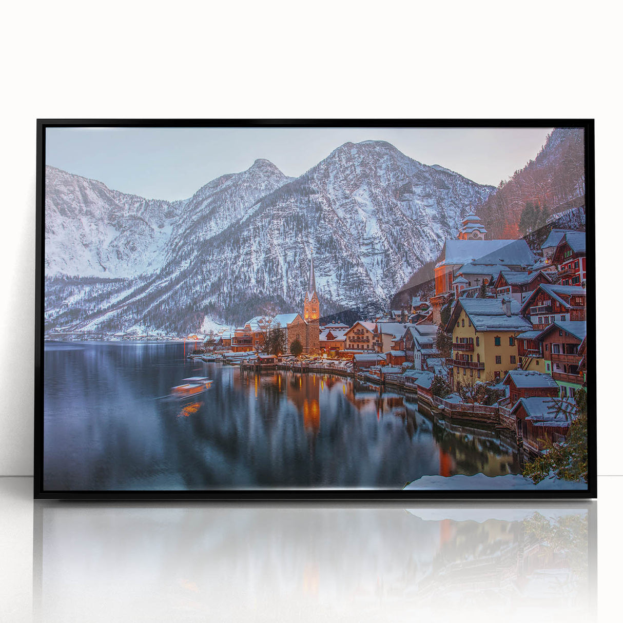 Large abstract wall art depicting a European landscape in muted earth tones, framed in black acrylic.