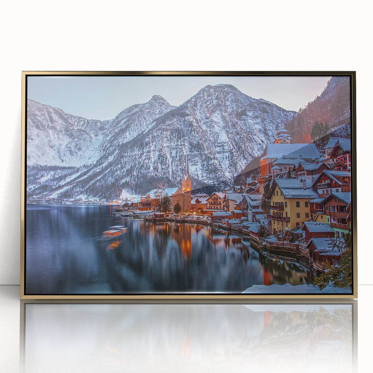 Art deco poster of an Austrian landscape in muted gold and green tones, acrylic print framed.