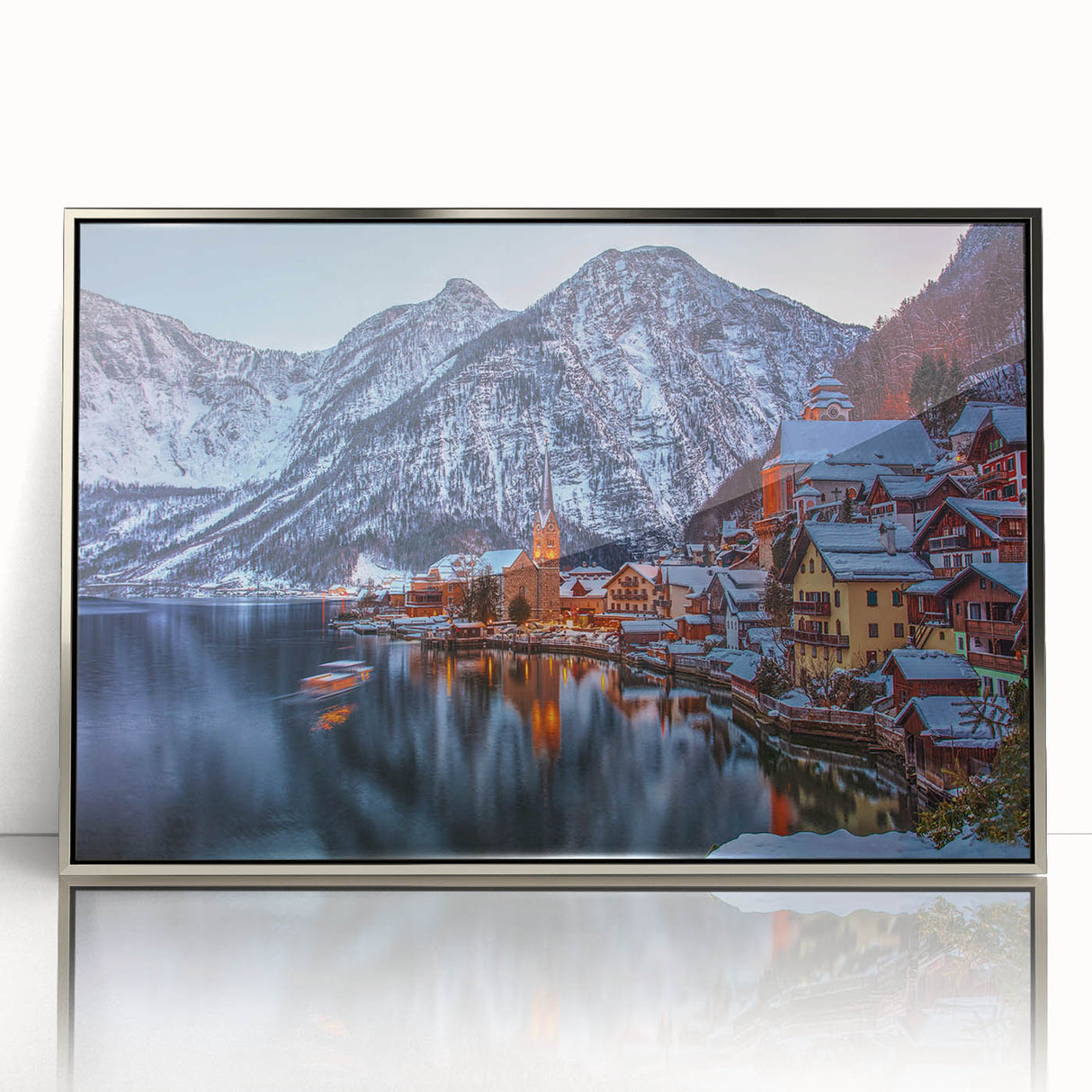 Large art print of a European Austrian landscape in muted earth tones, framed in silver acrylic.