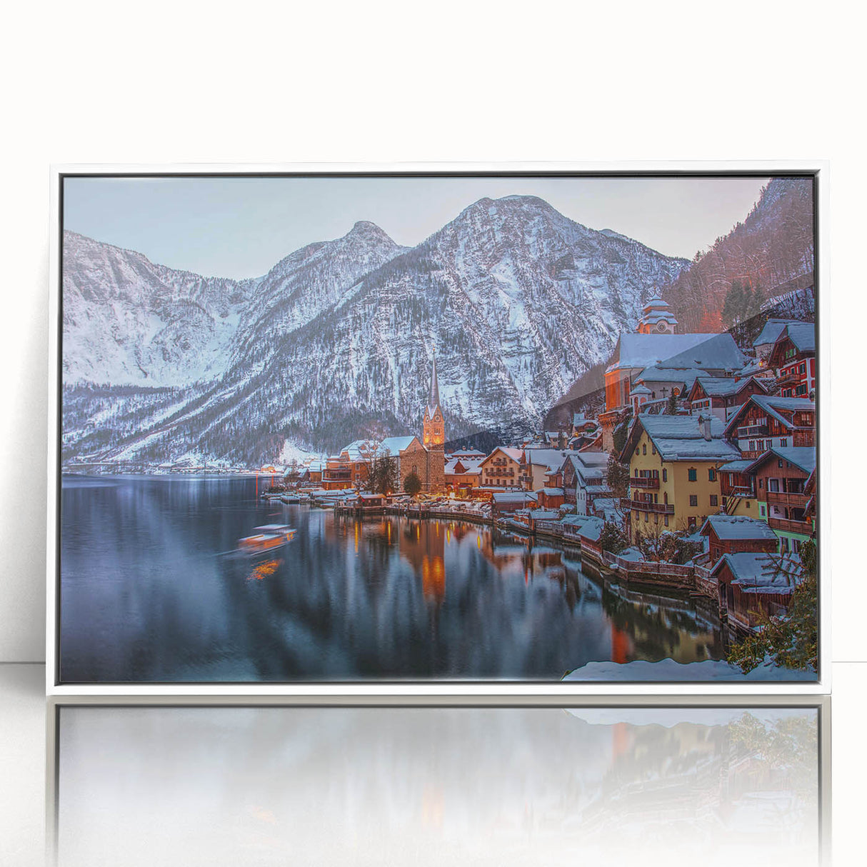 Mid-century modernist art depicting a serene Austrian landscape in muted earth tones, framed acrylic.