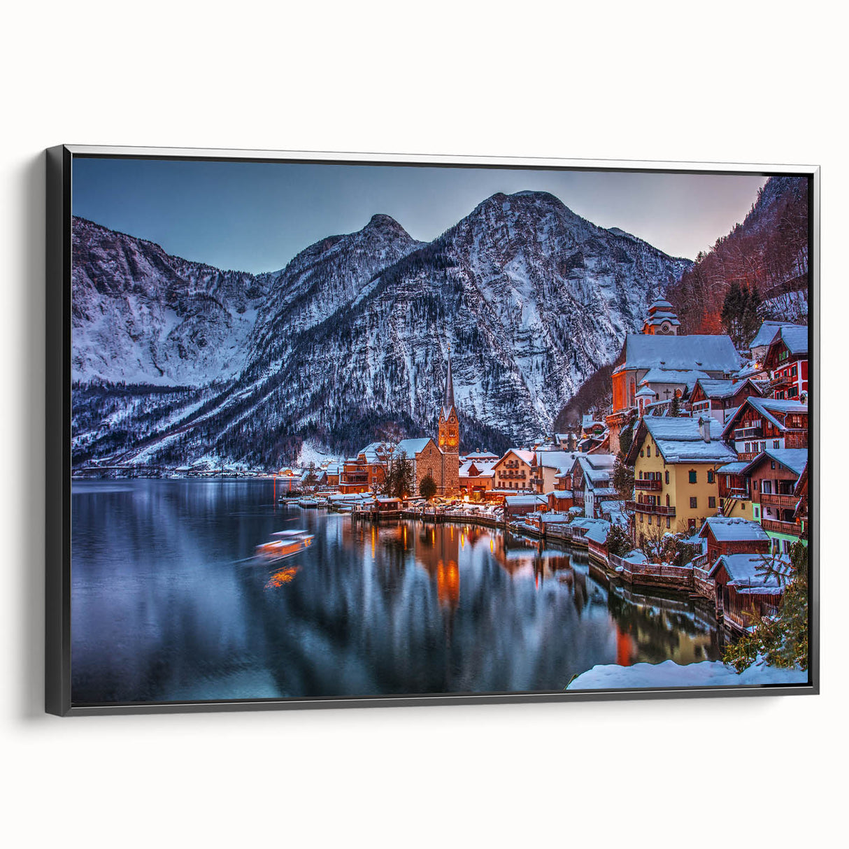 Black and white landscape art painting of an Austrian scenery on framed canvas, ideal for bedroom wall decor.