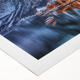 Art deco poster of a serene Austrian landscape in muted green and blue tones on rolled canvas.