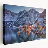 Large art depicting a serene Austrian landscape in muted greens and blues on stretched canvas, ideal for kitchen wall decor.