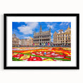 Abstract art print of a European scenery in vibrant colors on a textured, extra large canvas, framed with a black mat.