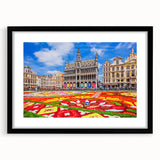 Abstract art print of a European scenery in vibrant colors on a textured, extra large canvas, framed with a black mat.