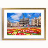 Extra large abstract art print of a European scenery in a gold frame, featuring textured brush strokes in muted earth tones.