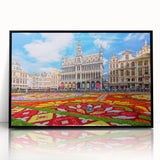 Large abstract wall art featuring a mid-century modernist European scenery in black acrylic frame.