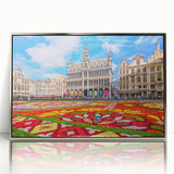 Mid-century modernist art depicting a European town scene in acrylic, with silver frame, suitable for nursery wall decor.