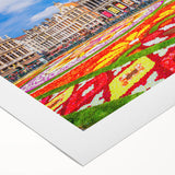 Art deco poster of a European cityscape in muted colors on rolled canvas, suitable for dining room wall art.