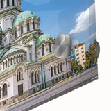 Large abstract wall art featuring a mid-century modernist design of a European scenery in vibrant hues.