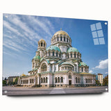 Acrylic print of a large abstract depiction of a European scenery in muted earth tones.