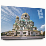 Large abstract wall art depicting Bulgarian scenery in muted earth tones on acrylic glass.