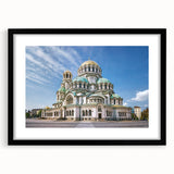 Extra large abstract art print of a colorful European scenery in Bulgaria on a textured canvas, framed in black.