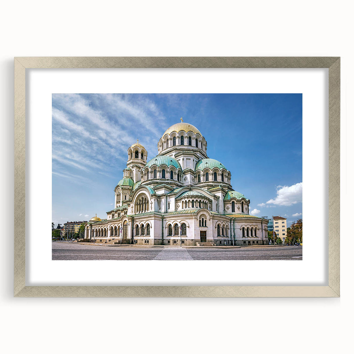Extra large abstract art print of a European scenery in textured style, framed in silver, ideal for living room decor.