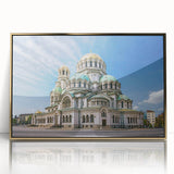 Art deco poster of a European Bulgarian scenery in gold tones, acrylic framed print, suitable for nursery wall decor.